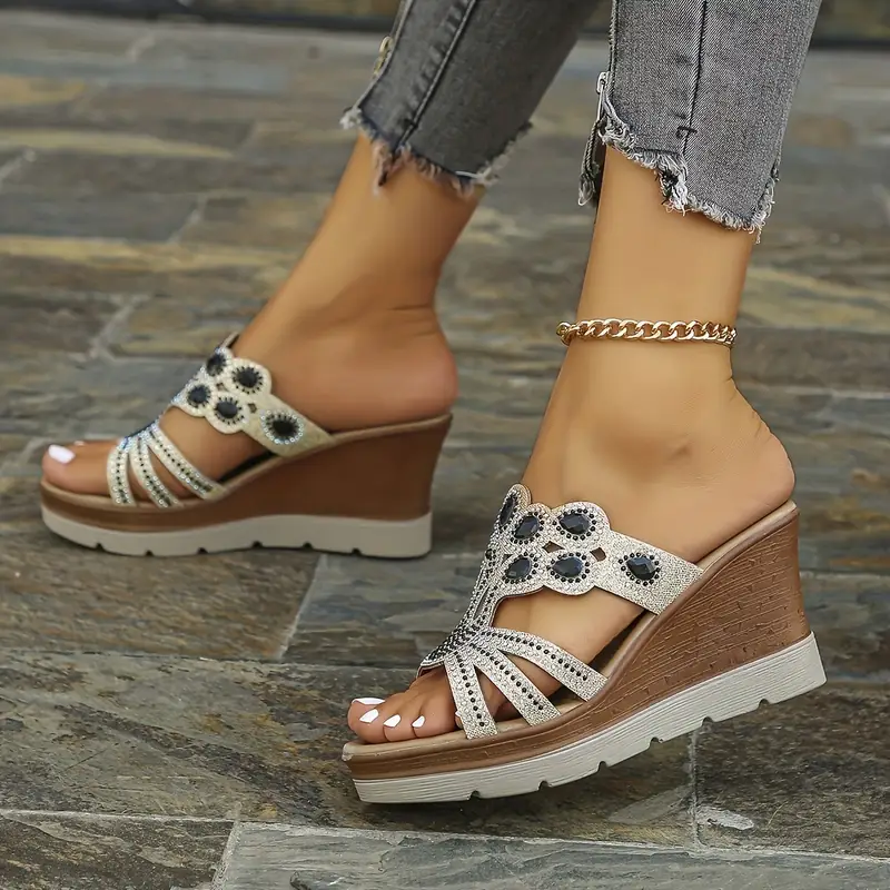 Women‘s Rhinestone Decor Comfortable Platform Wedge Heeled Sandals 