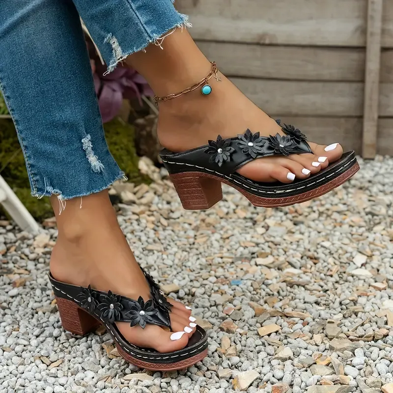Women's Chic Arch Support Floral Wedge Flip Flops Sandals for Beach Travel Casual Outings