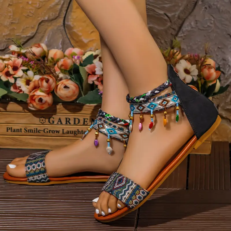 Handmade Bohemian Roman Sandals with Colorful Beads Ankle Straps
