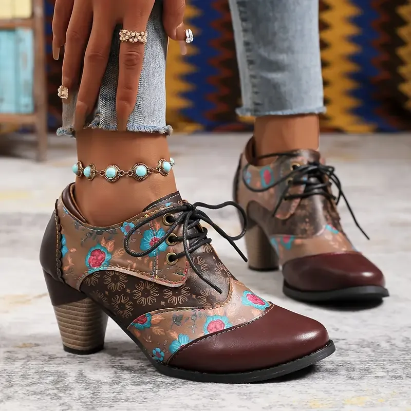 Women's Floral Bohemian Lace-Up Round-Toe Block Heel Ankle Boots