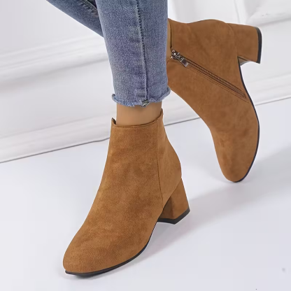 Women's Stylish & Versatile Solid Color Side Zipper Short Boots Block Heeled Ankle Boot