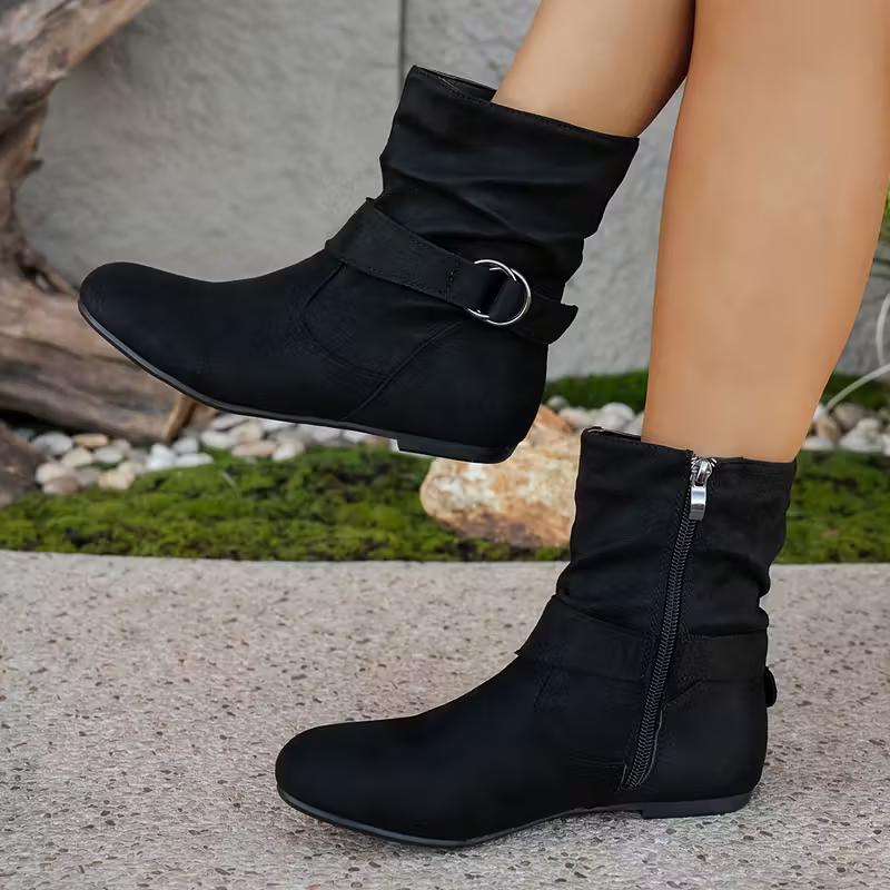Women's Chic Low Heel Ankle Boots with Side Zipper & Buckle Detail