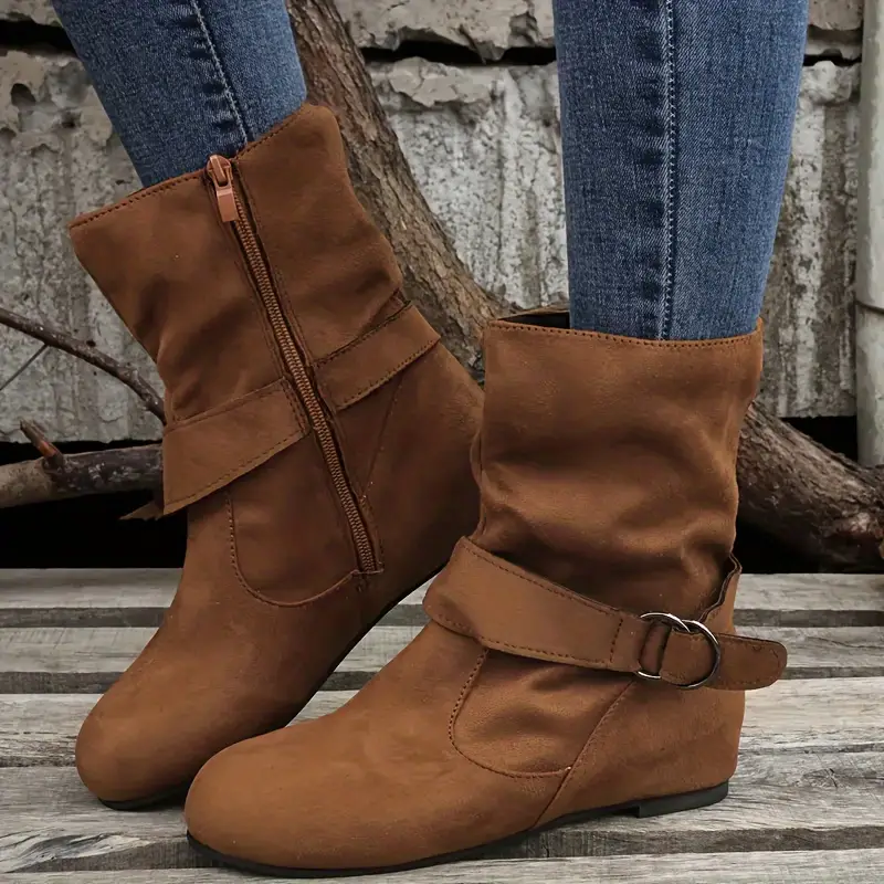 Women's Slouchy Ankle Boots, Solid Color Round Toe Side Zipper Short Boots, Comfortable Flat Boots