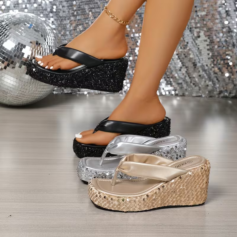 Women's Fashion Sequin Platform Wedge Sandals Slippers