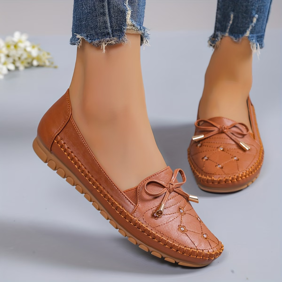Women's Lightweight & Comfortable Bow-decorated Leather Flat Penny-loafer Slip-on Shoes