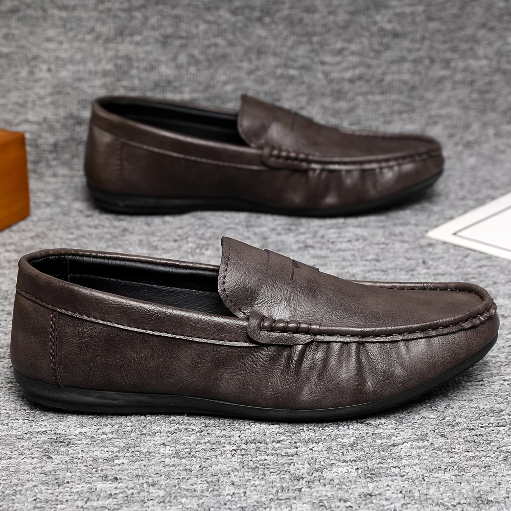 Men's British Style Soft & Comfortable & Lightweight Leather Slip-On Loafers Business Flat Shoes