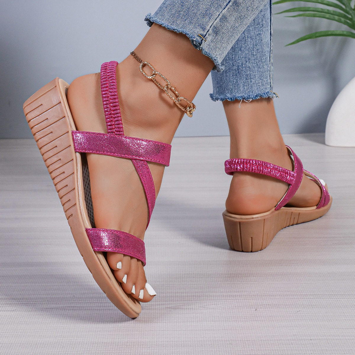 Women's Blingbling Ankle Elastic Strap Wedge Sandals Parties Vacation Beach Shoes