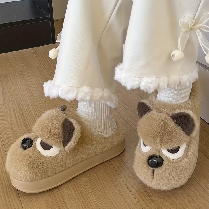 Women's Plush Cute Pomeranian Dog Design Winter Non-Slip Slippers
