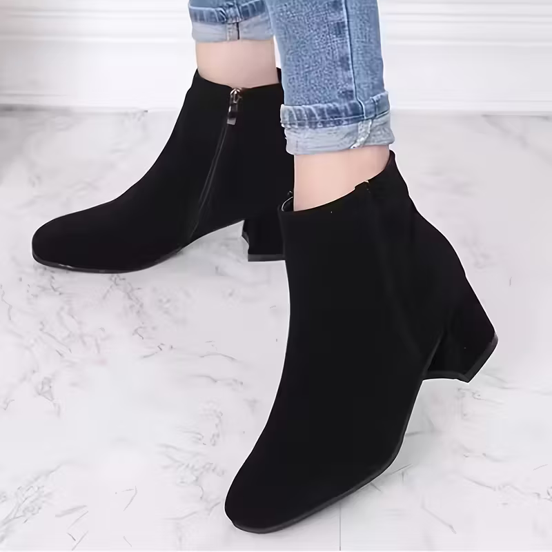Women's Stylish & Versatile Solid Color Side Zipper Short Boots Block Heeled Ankle Boot