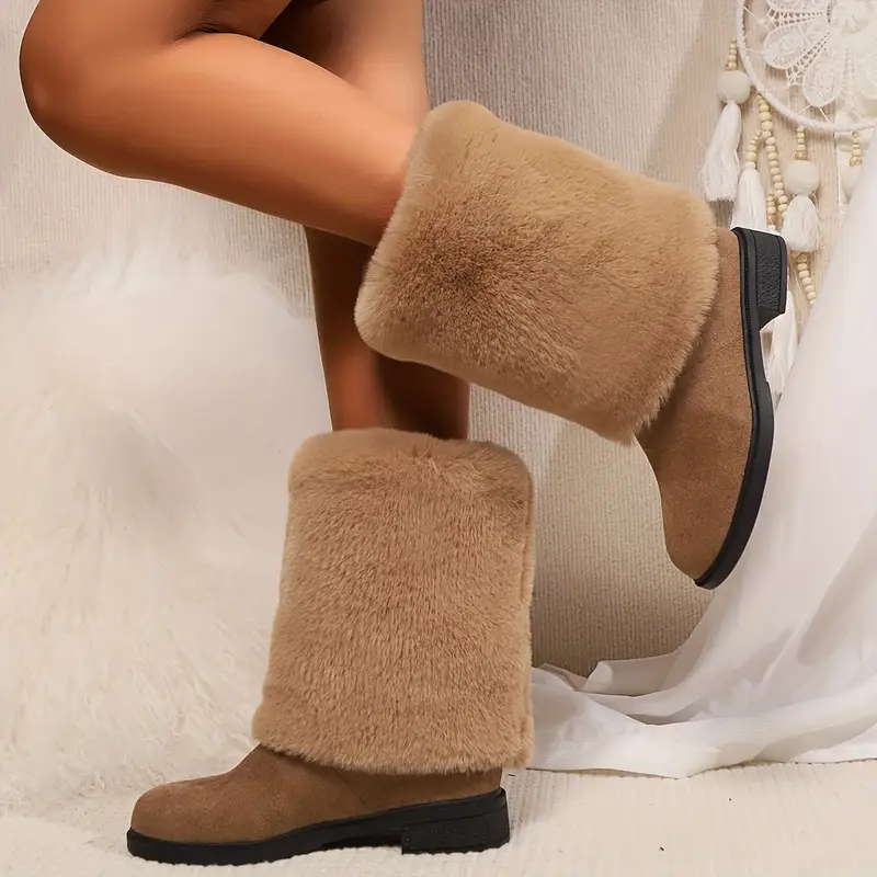 Women's Cozy Fluffy Slip-on Mid-Calf Boots 