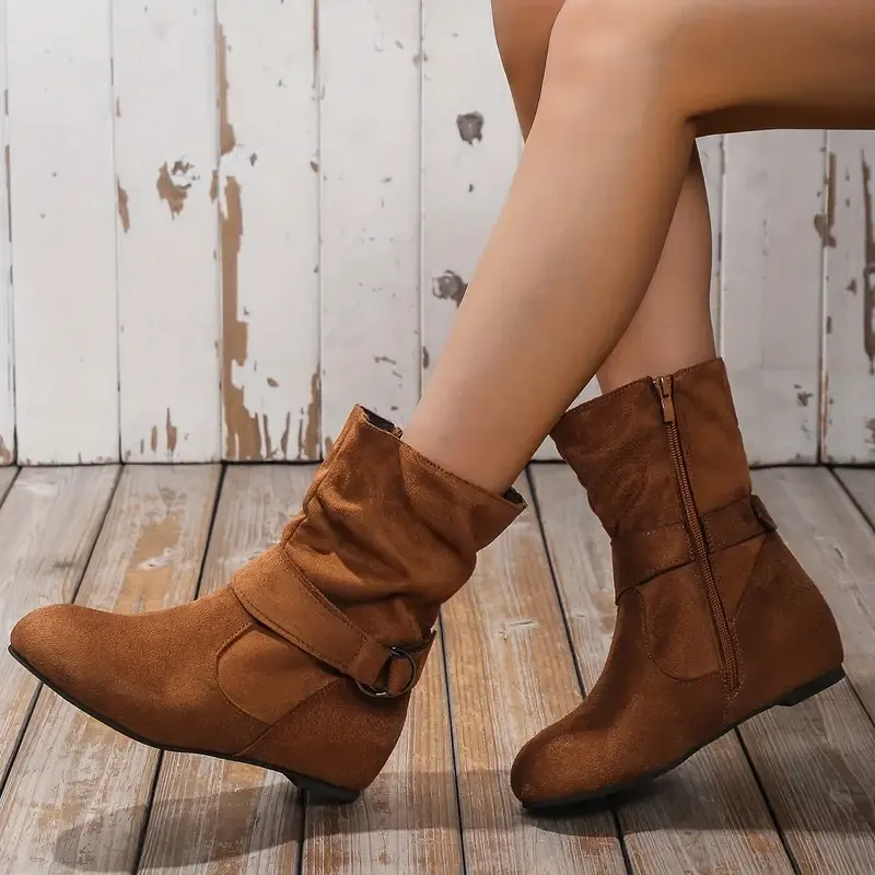 Women's Slouchy Ankle Boots, Solid Color Round Toe Side Zipper Short Boots, Comfortable Flat Boots