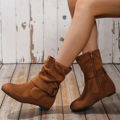 Women's Slouchy Ankle Boots, Solid Color Round Toe Side Zipper Short Boots, Comfortable Flat Boots