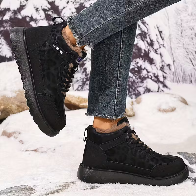 Women's Cozy Leopard Print Thick-Soled Winter Warm Plush Ankle Boots Outdoor Shoes for Home, Office, Casual 