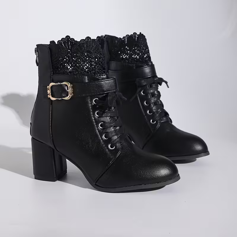 Women's Elegant & Versatile Retro Style Gothic Lace Chunky High-Heel Ankle-High Boots for Dresses, Skirts, Jeans