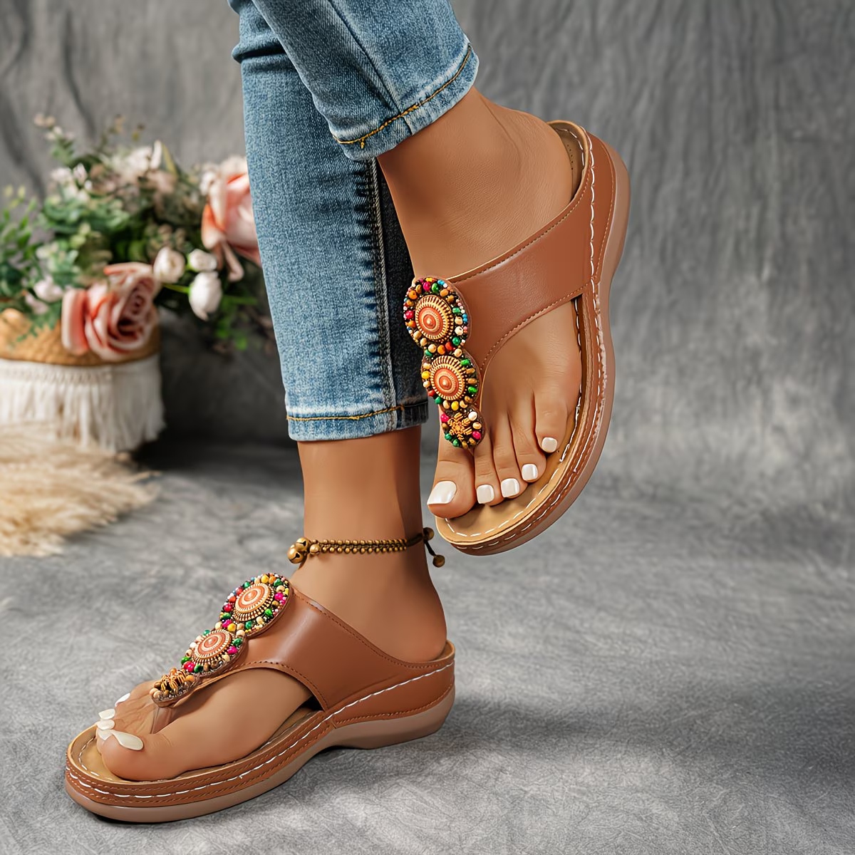 Women's Elegant & Comfortable Bohemian Style Vintage Handmade Beaded Designs Sandals Flip-flops