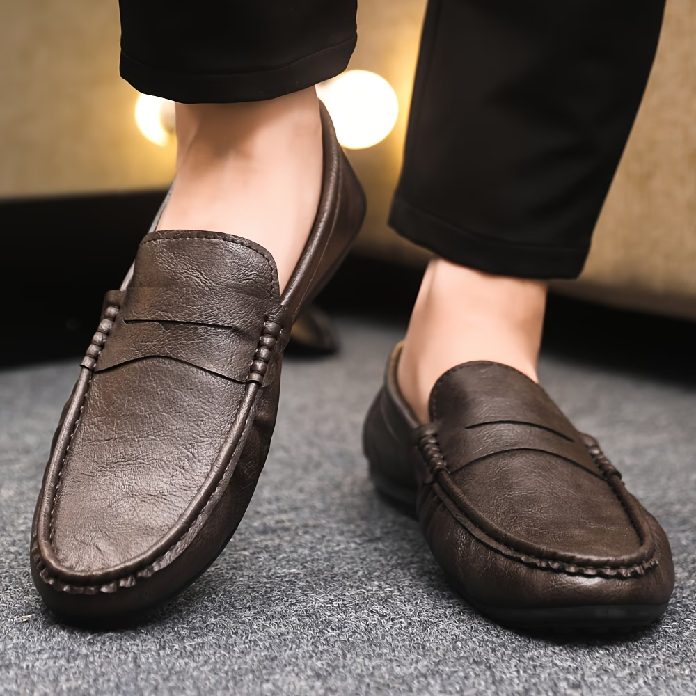 Men's British Style Soft & Comfortable & Lightweight Leather Slip-On Loafers Business Flat Shoes