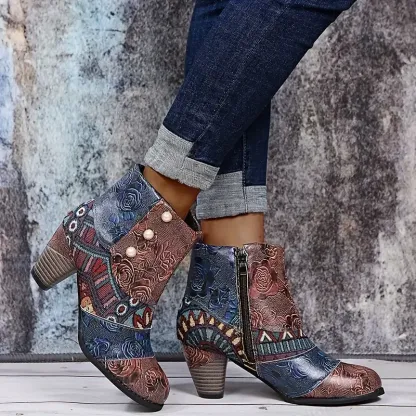 Women's Bohemian Floral Pattern Chunky Boots