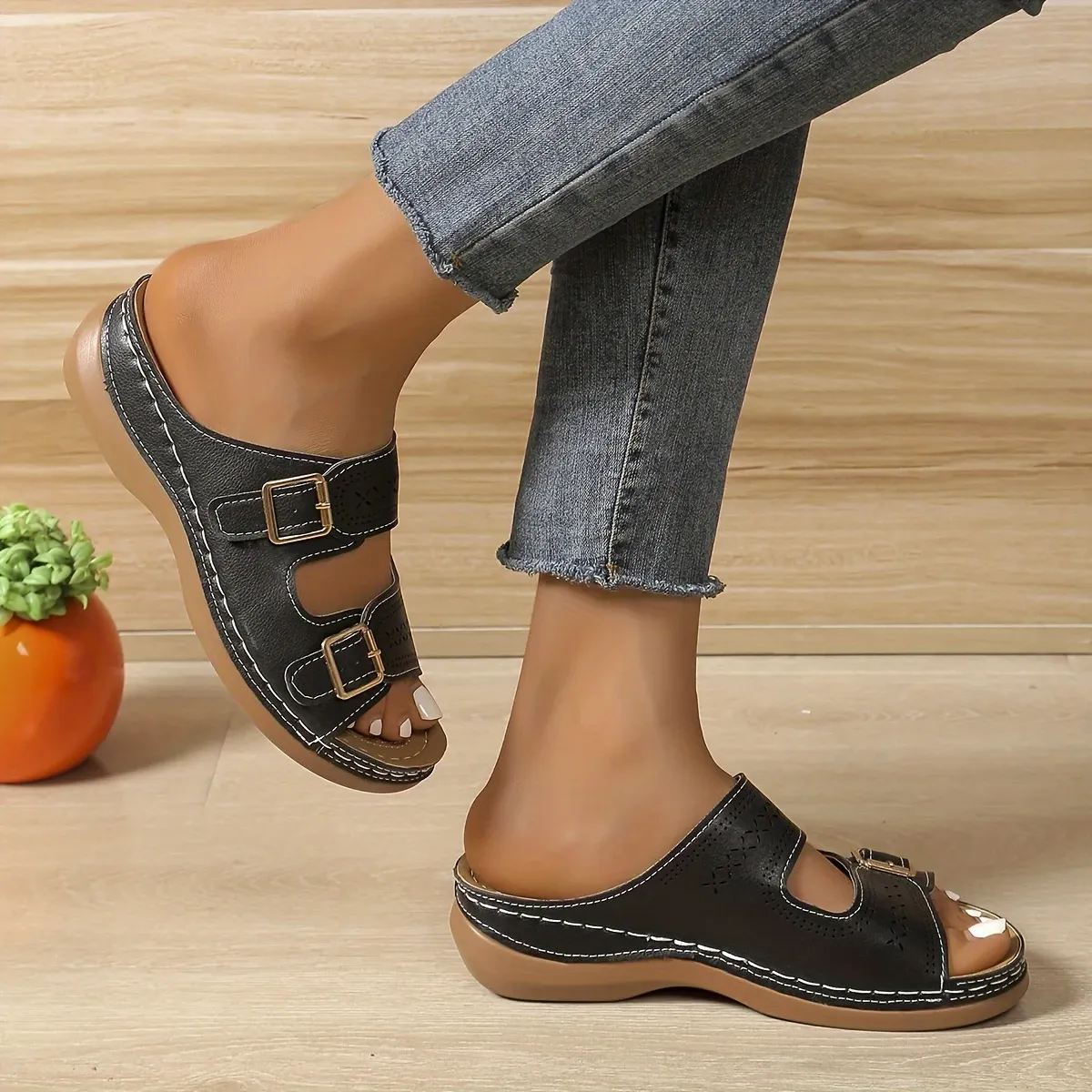 Women's Stylish Comfortable Double Buckle Cut-Out Wedge Sandals Beach Holiday Shoes