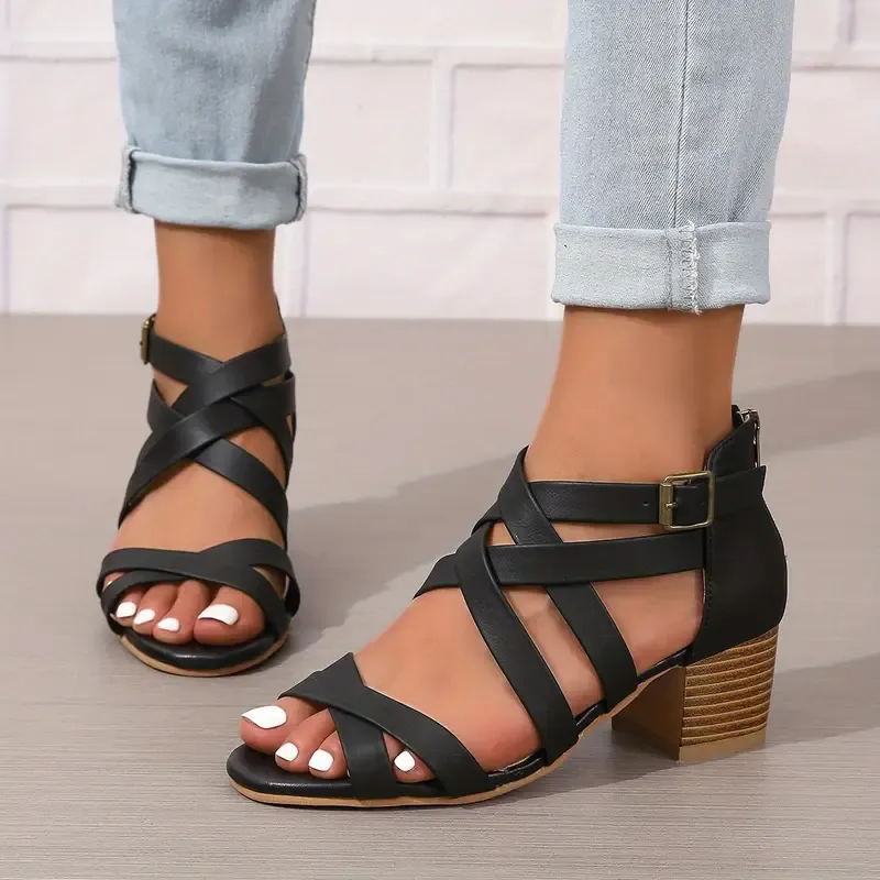 Women's Fashion Cross Strap Chunky Heeled Sandals