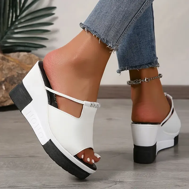 New Arrival - Black & White Stylish Elegant Thick Sole Wedge Sandals with Sparkling Rhinestones 