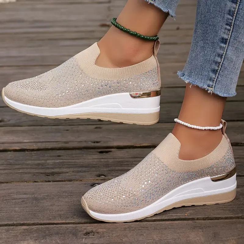 Women's Rhinestone Decor Platform Sneakers Slip-On Outdoor Shoes