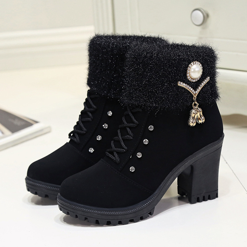 Women's Fashionable Rhinestone Fleece Lining Waterproof and Non-slip Chunky-heeled Boots