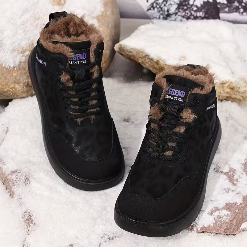 Women's Cozy Leopard Print Thick-Soled Winter Warm Plush Ankle Boots Outdoor Shoes for Home, Office, Casual 