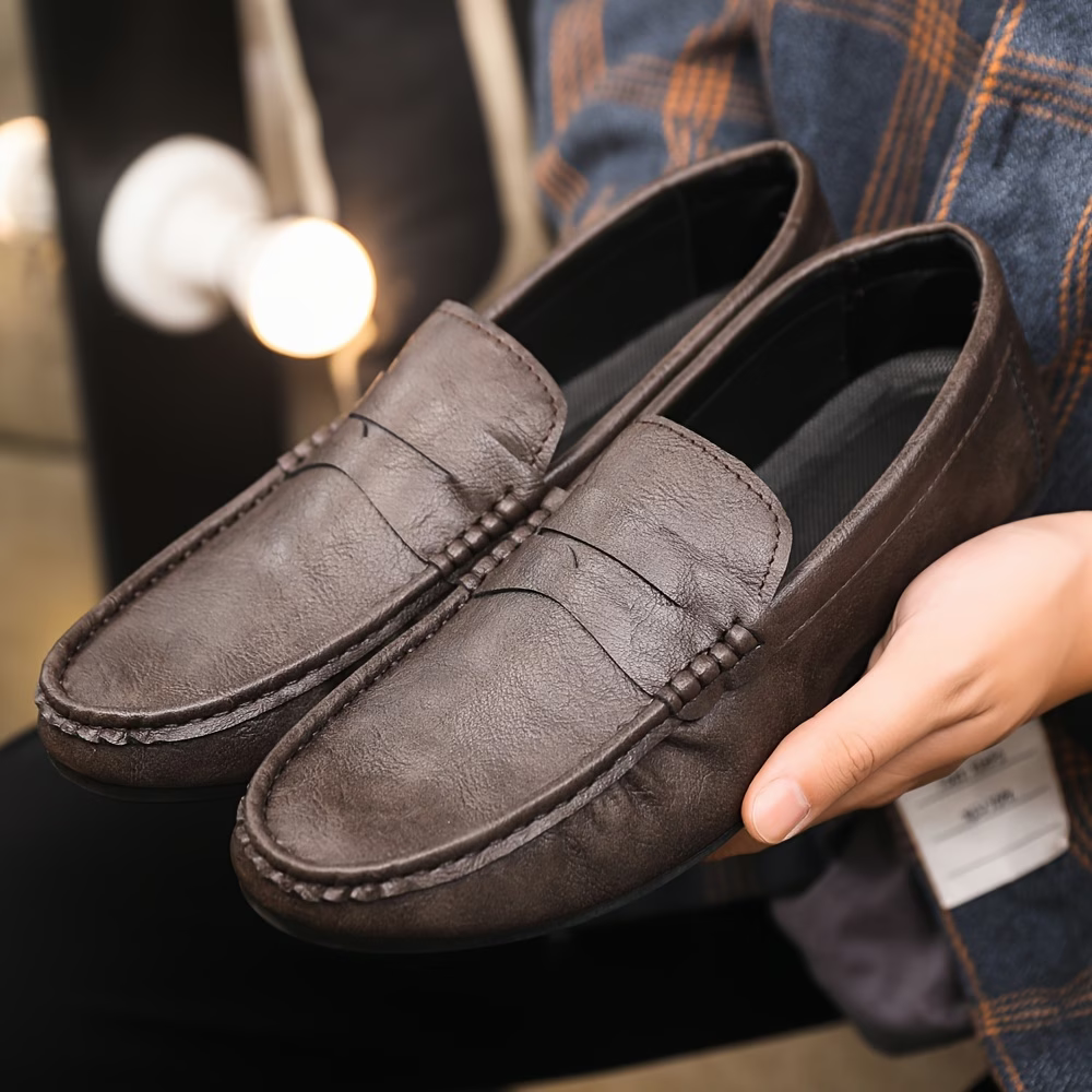 Men's British Style Soft & Comfortable & Lightweight Leather Slip-On Loafers Business Flat Shoes