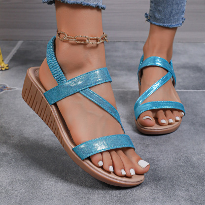 Women's Blingbling Ankle Elastic Strap Wedge Sandals Parties Vacation Beach Shoes
