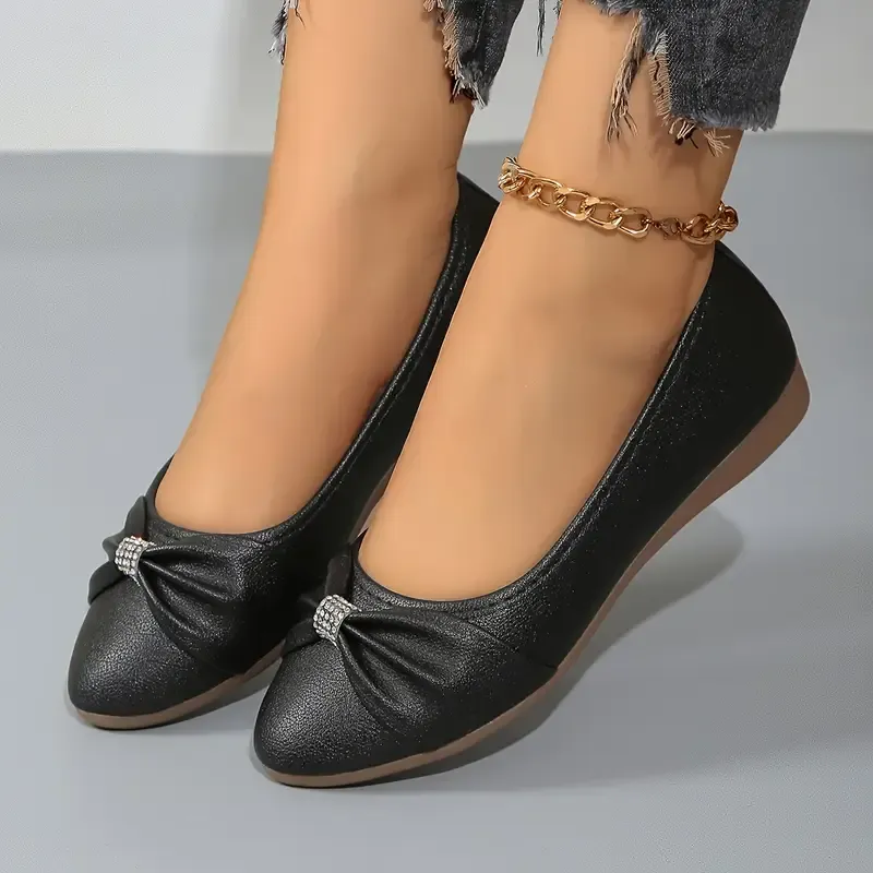 Women's Bowknot Decor Pointed Toe Soft Sole Versatile Flat Shoes Slip-On Flats