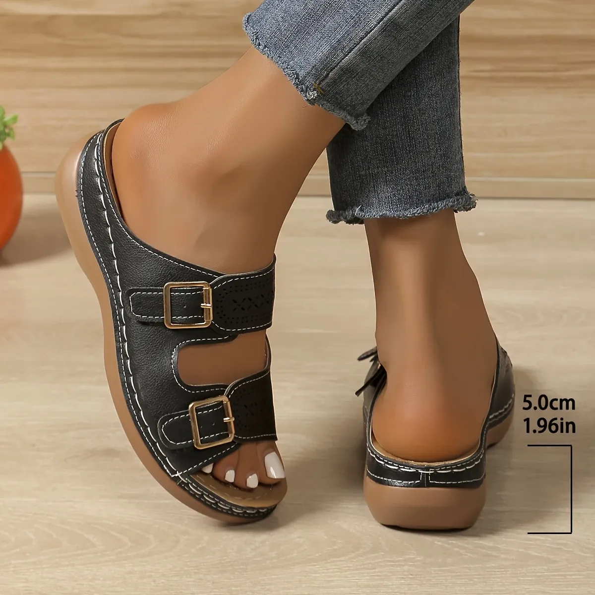 Women's Stylish Comfortable Double Buckle Cut-Out Wedge Sandals Beach Holiday Shoes