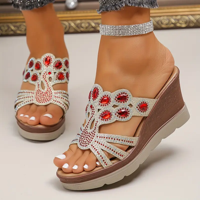 Women‘s Rhinestone Decor Comfortable Platform Wedge Heeled Sandals 