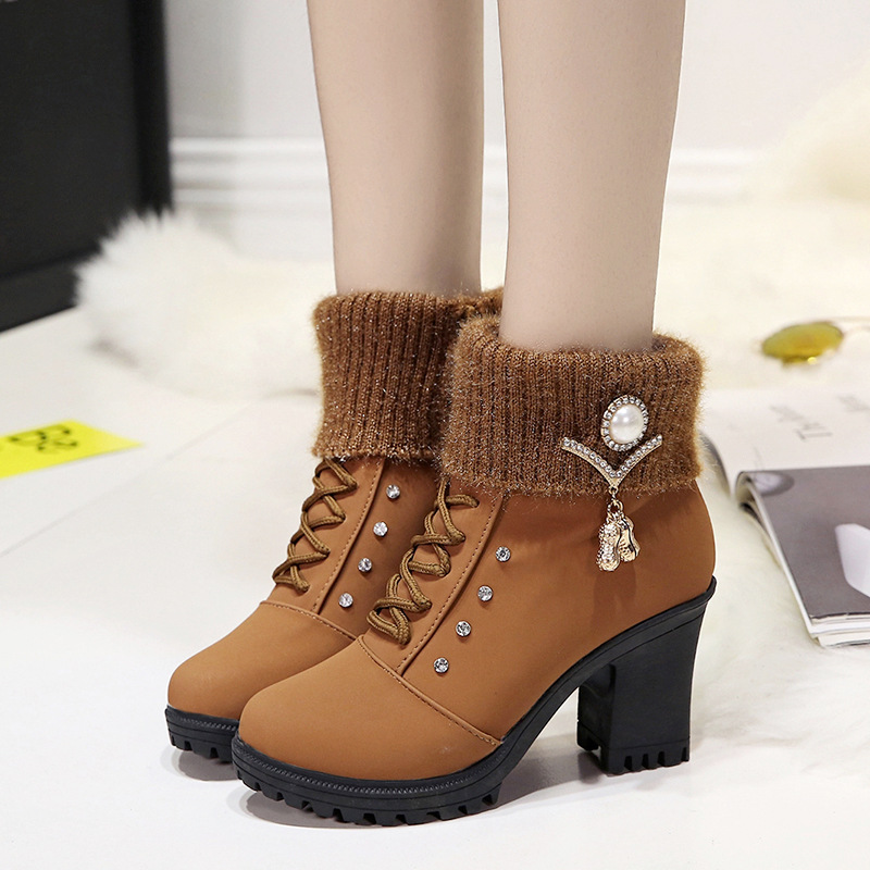 Women's Fashionable Rhinestone Fleece Lining Waterproof and Non-slip Chunky-heeled Boots