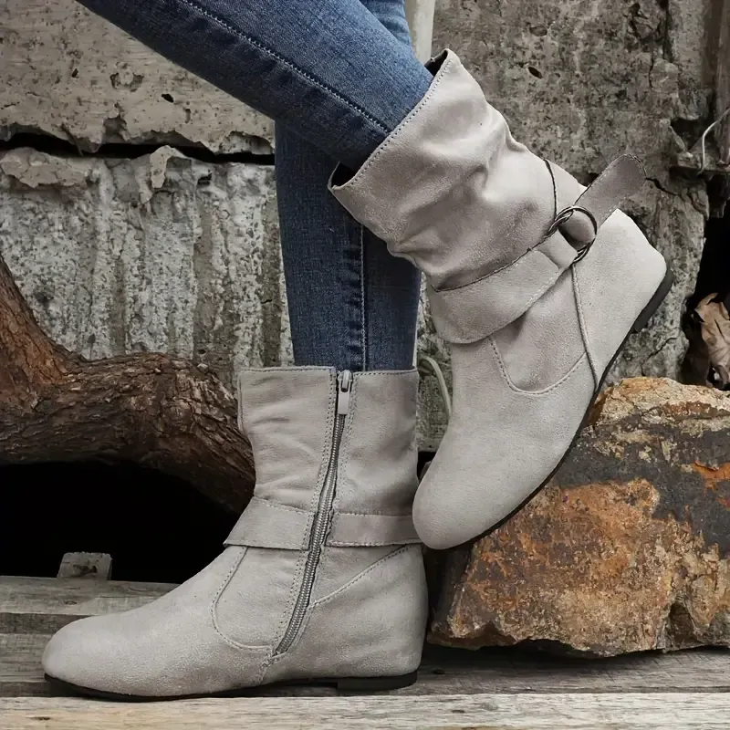 Women's Slouchy Ankle Boots, Solid Color Round Toe Side Zipper Short Boots, Comfortable Flat Boots