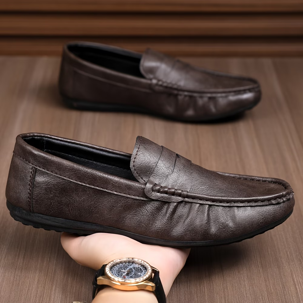 Men's British Style Soft & Comfortable & Lightweight Leather Slip-On Loafers Business Flat Shoes