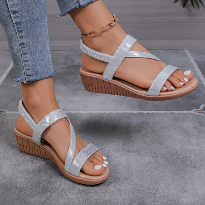 Women's Blingbling Ankle Elastic Strap Wedge Sandals Parties Vacation Beach Shoes