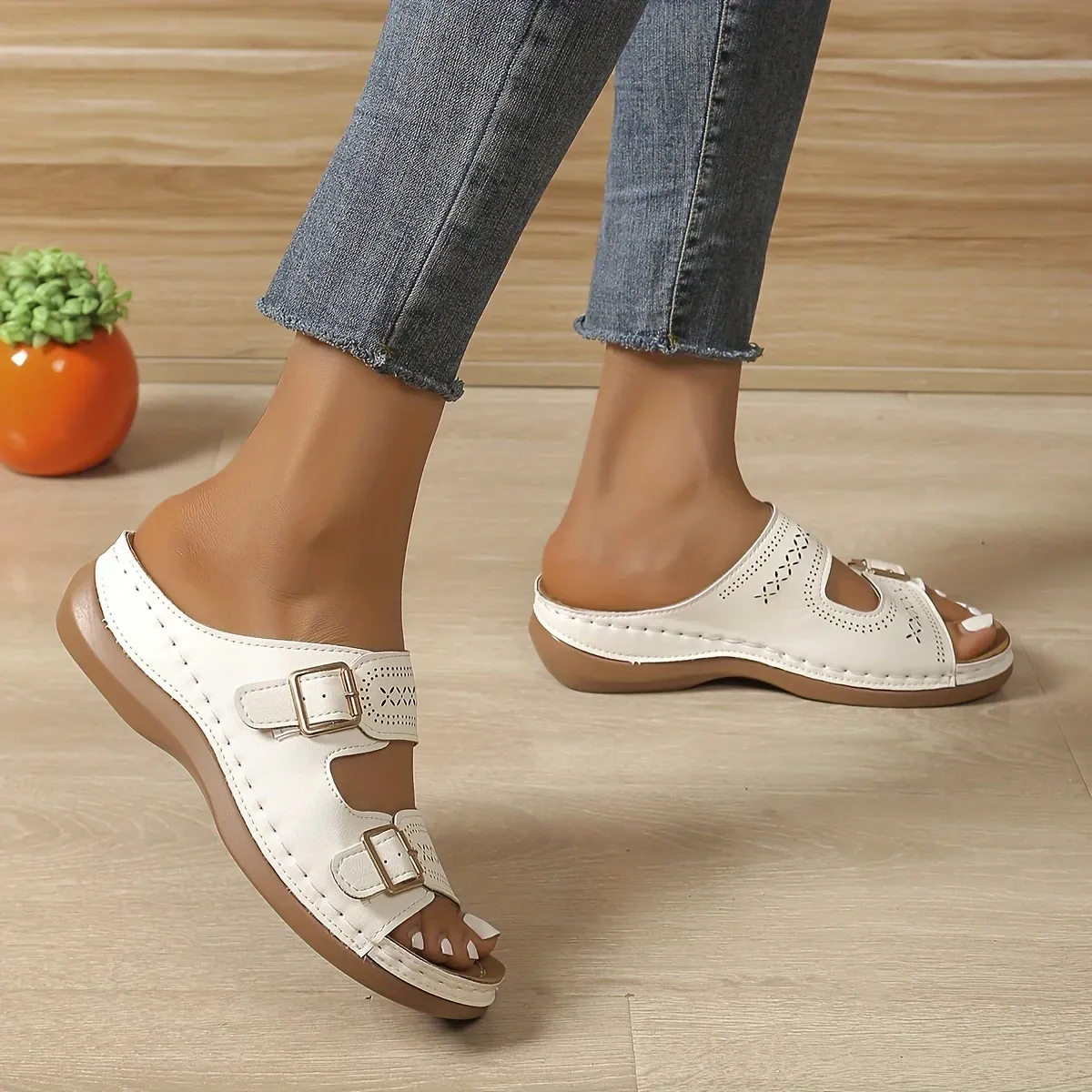 Women's Stylish Comfortable Double Buckle Cut-Out Wedge Sandals Beach Holiday Shoes