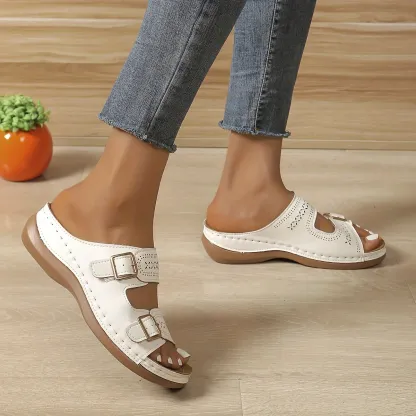 Women's Stylish Comfortable Double Buckle Cut-Out Wedge Sandals Beach Holiday Shoes