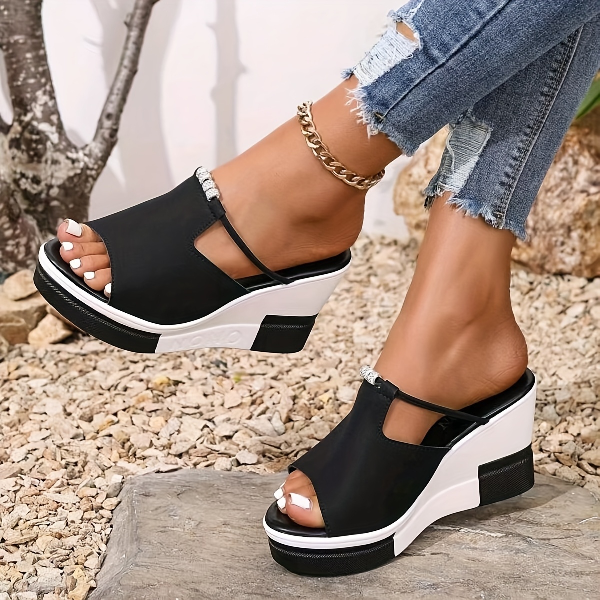 New Arrival - Black & White Stylish Elegant Thick Sole Wedge Sandals w