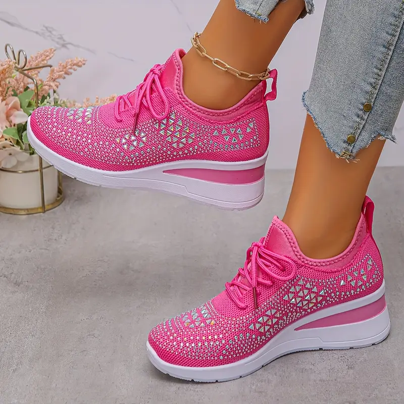 Women's Glittery Rhinestone Fashion Breathable Wedge Sneakers 