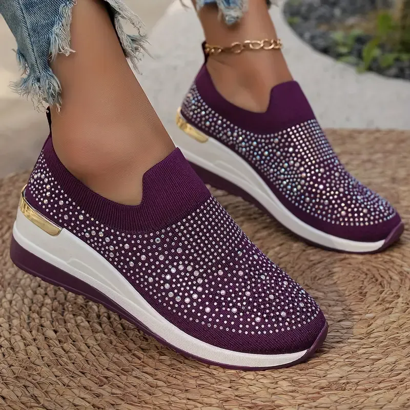 Women's Rhinestone Decor Platform Sneakers Slip-On Outdoor Shoes
