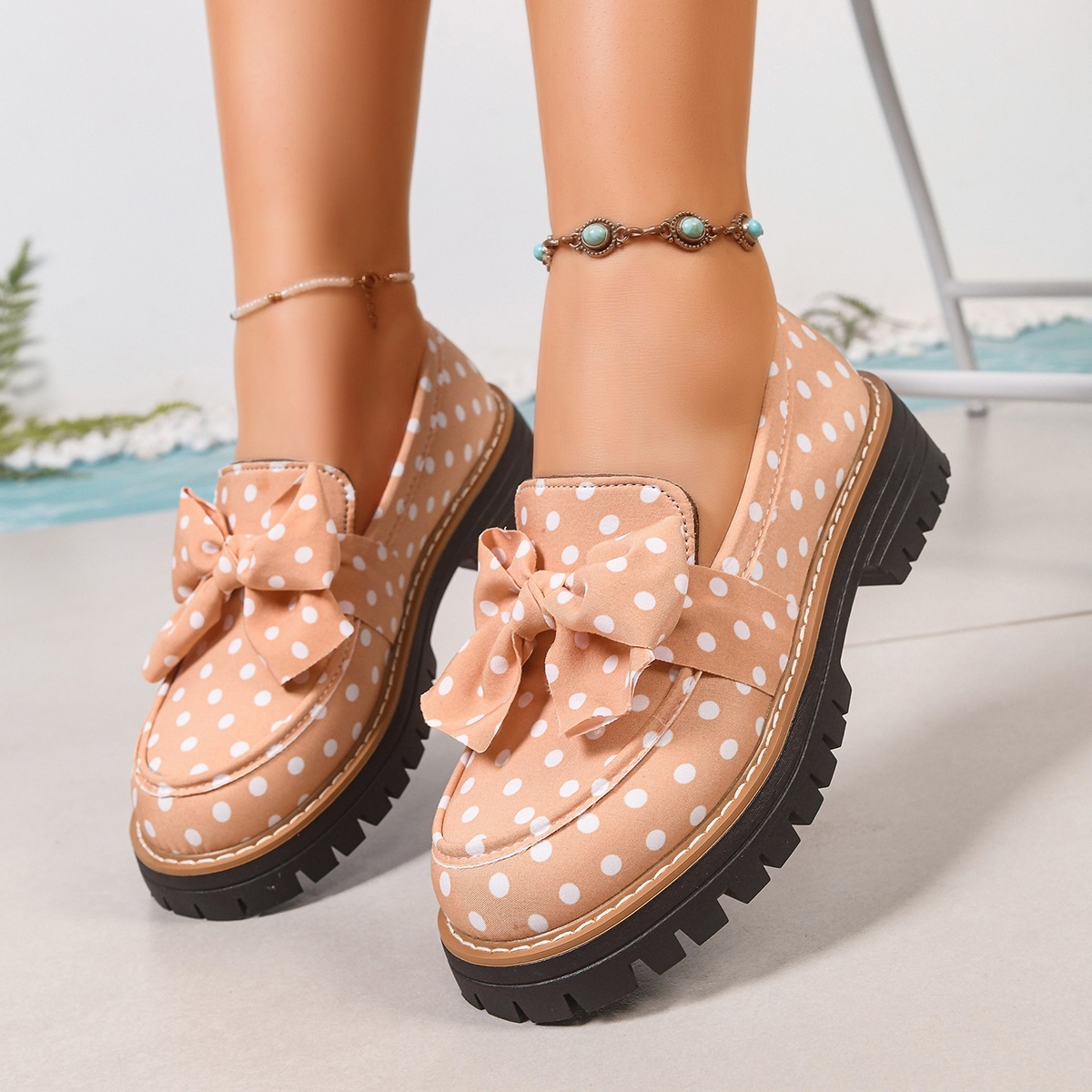 Women's Vintage Polka Dot Bow Platform Loafers