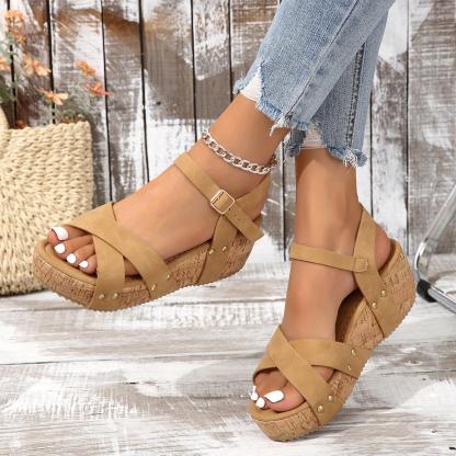 Women's Handmade Comfortable Leather Platform Wedge Heeled Sandals
