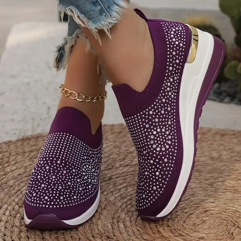 Women's Rhinestone Decor Platform Sneakers Slip-On Outdoor Shoes