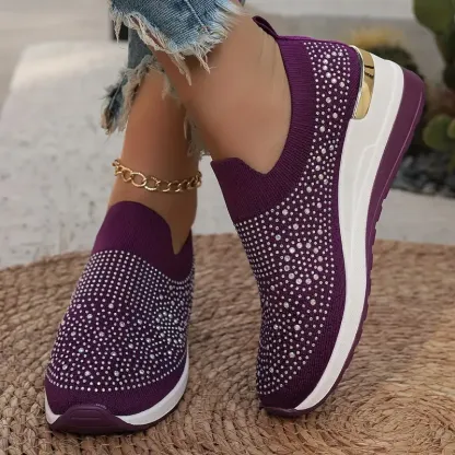 Women's Rhinestone Decor Platform Sneakers Slip-On Outdoor Shoes