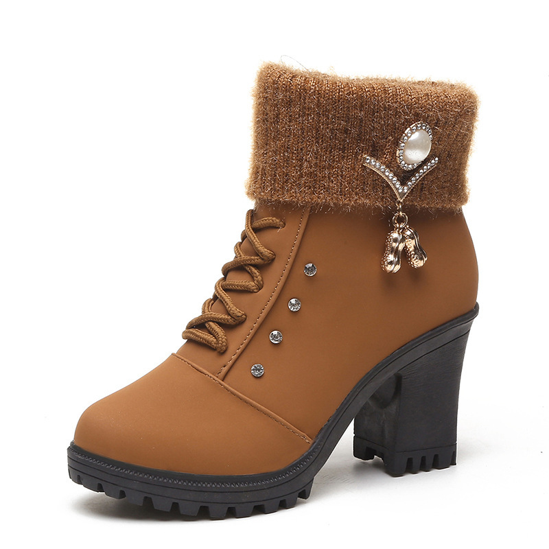 Women's Fashionable Rhinestone Fleece Lining Waterproof and Non-slip Chunky-heeled Boots