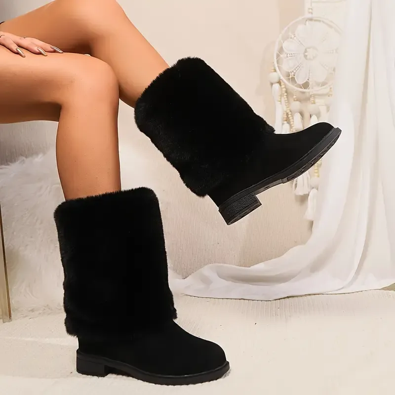 Women's Cozy Fluffy Slip-on Mid-Calf Boots 