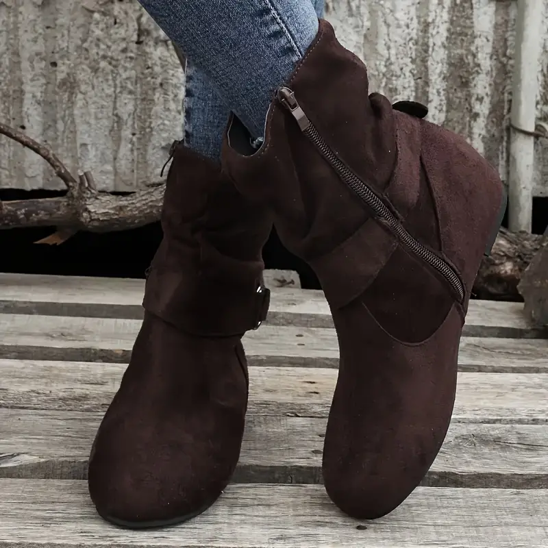 Women's Slouchy Ankle Boots, Solid Color Round Toe Side Zipper Short Boots, Comfortable Flat Boots