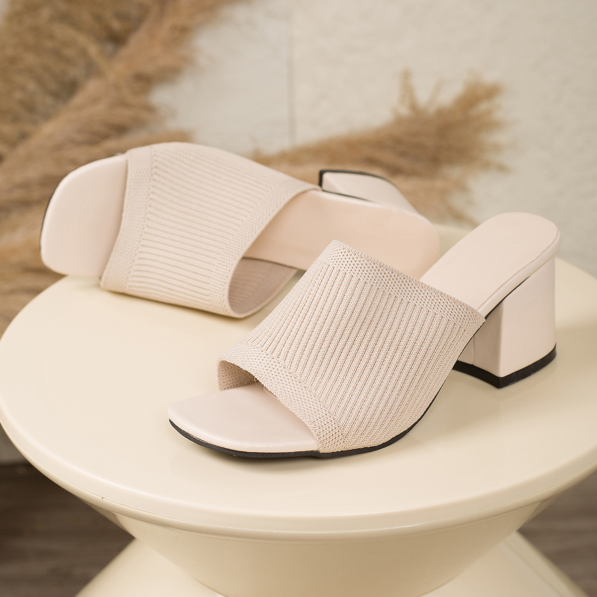 Chic Stretchy Knit Block‑Heel Mule Sandals