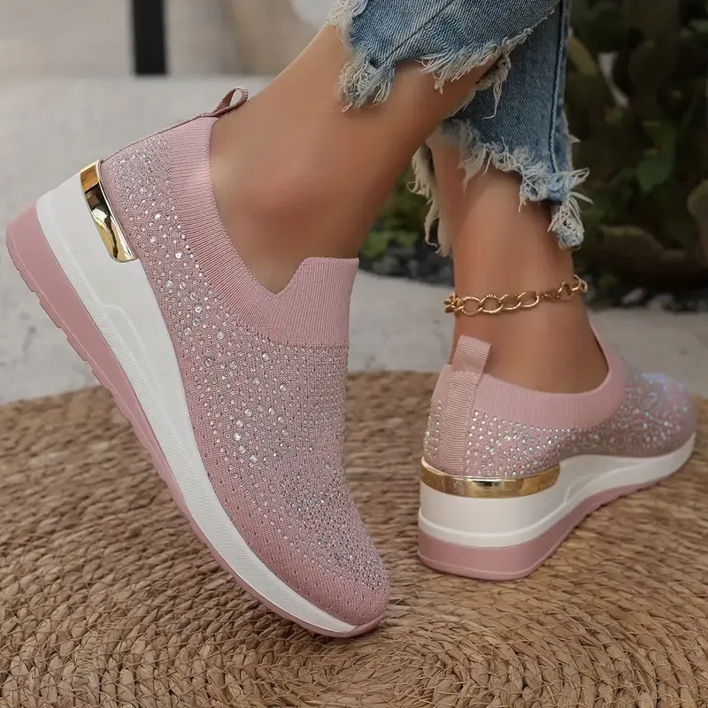 Women's Rhinestone Decor Platform Sneakers Slip-On Outdoor Shoes